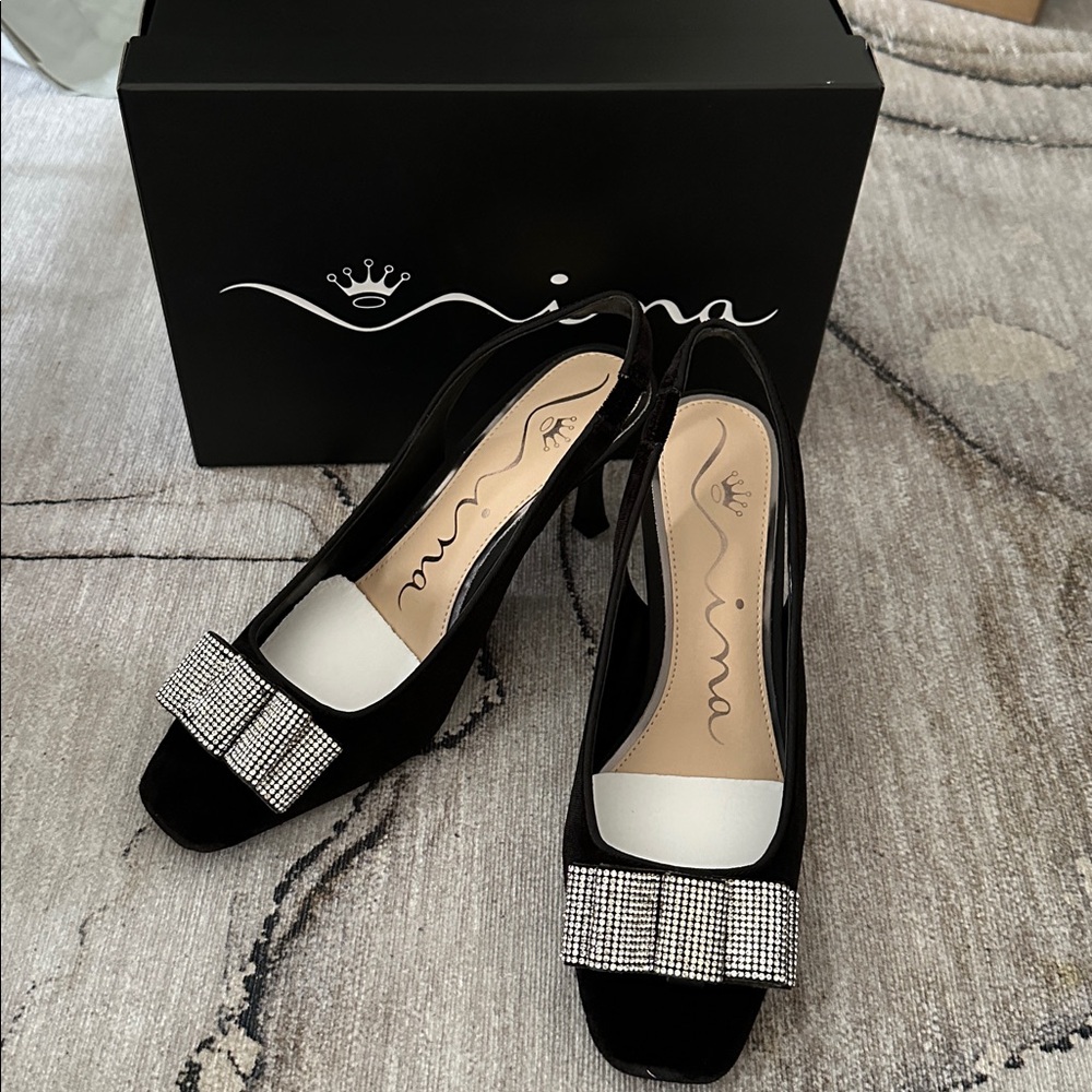 📣📢BRAND NEW Nina Black Slingback Heels with Sparkling Bow WITH ORIGINAL BOX 🎁💐
